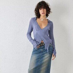 Urban Outfitters UO Gina Long-Sleeved Spliced Wrap Top Blue Solid S New 266052